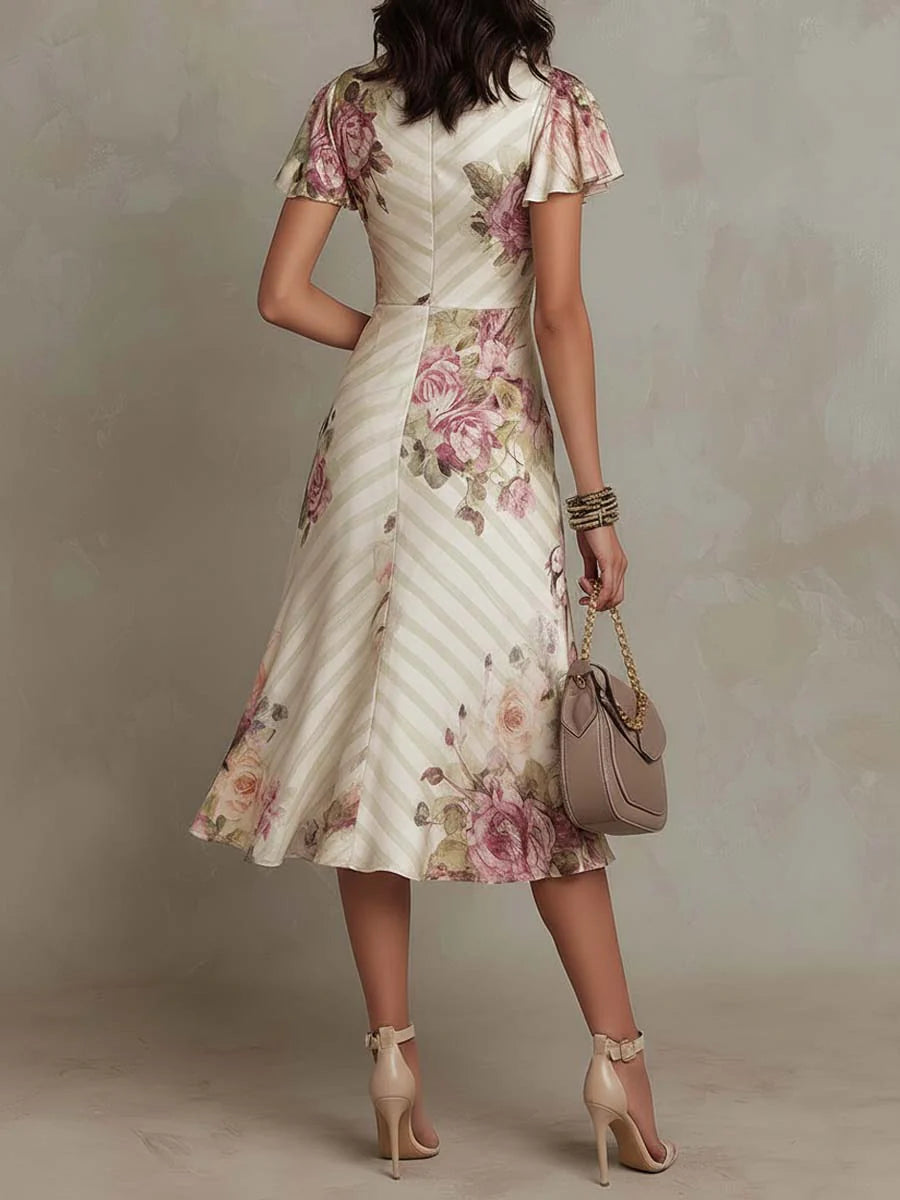 ESSENZIALE - Alba | Elegante Abito Midi in Raso Floreale Retro ✨