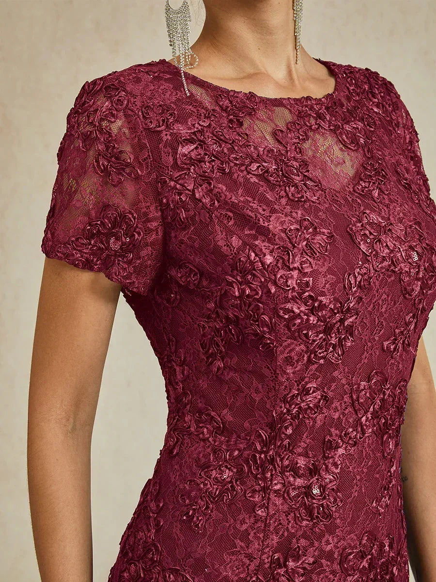 Abito A-Line in Pizzo Rosette con Decorazioni in Paillettes