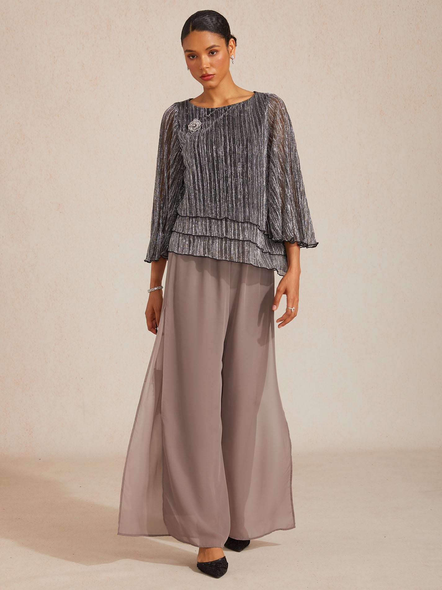 Blusa Asimmetrica a Strati in Chiffon Metallizzato Pieghettato