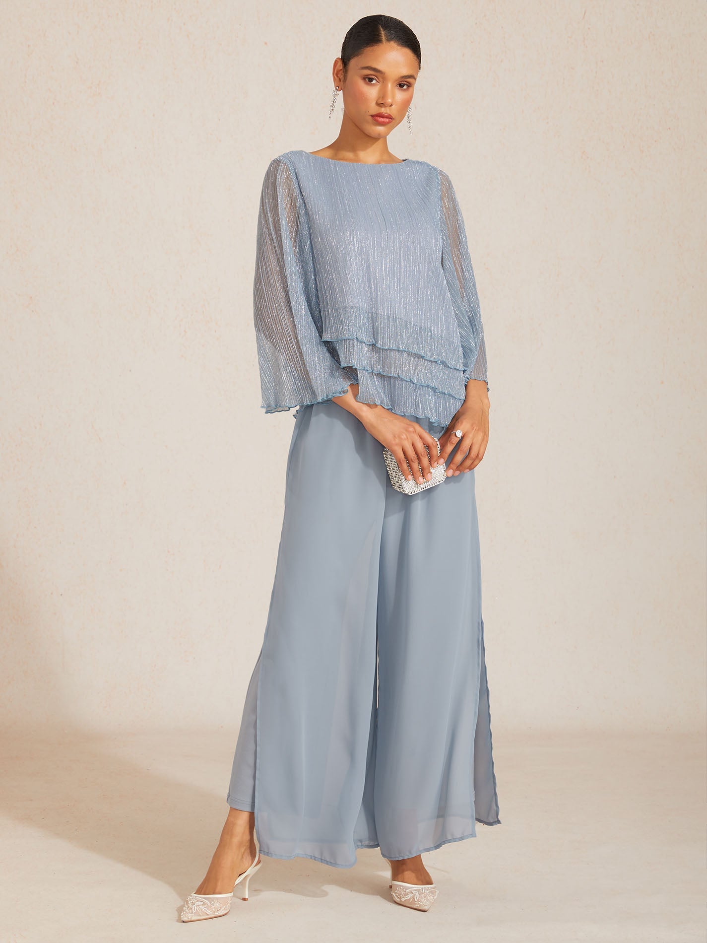 Blusa Asimmetrica a Strati in Chiffon Metallizzato Pieghettato