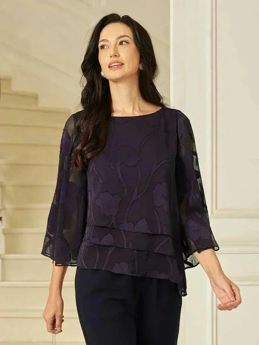 Blusa a Strati in Chiffon con Motivo Floreale