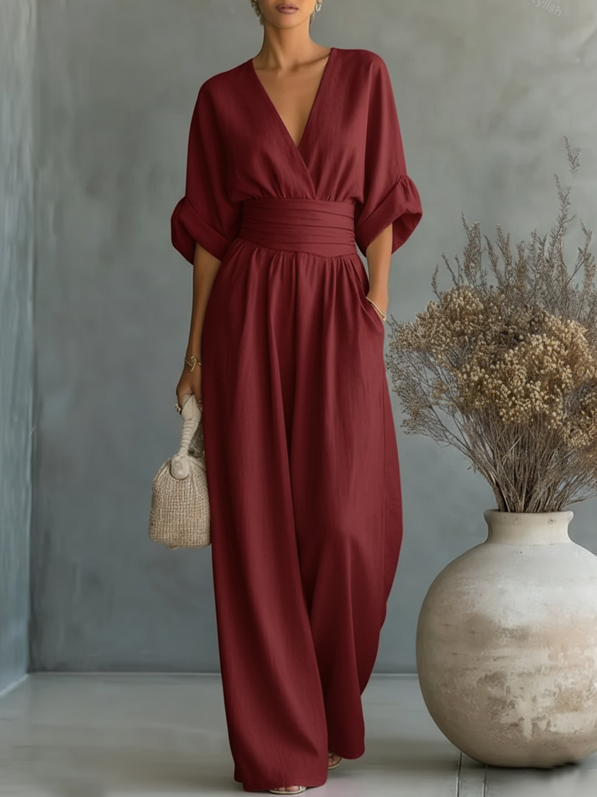 ESSENZIALE - Elegante Tuta Estiva con V-Neck e Vita Alta