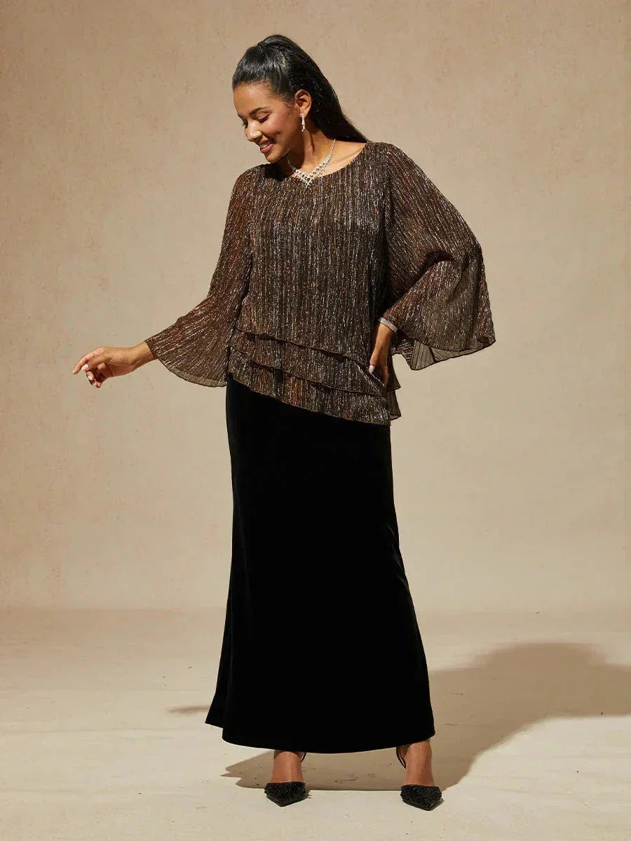 Blusa Asimmetrica a Strati in Chiffon Metallizzato Pieghettato