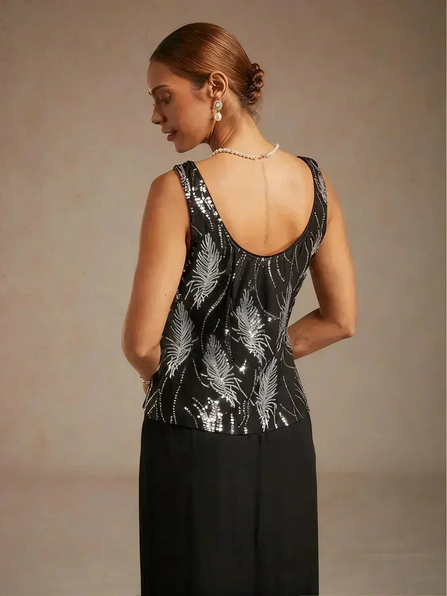 Elegante Twinset con Collo alla Mandarin in Paillettes