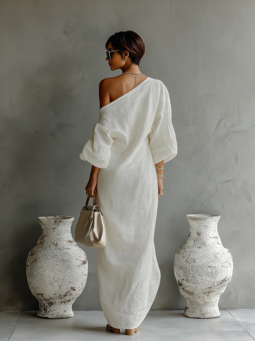 Abiti da donna bianco brillante in misto cotone-lino con spalla unica