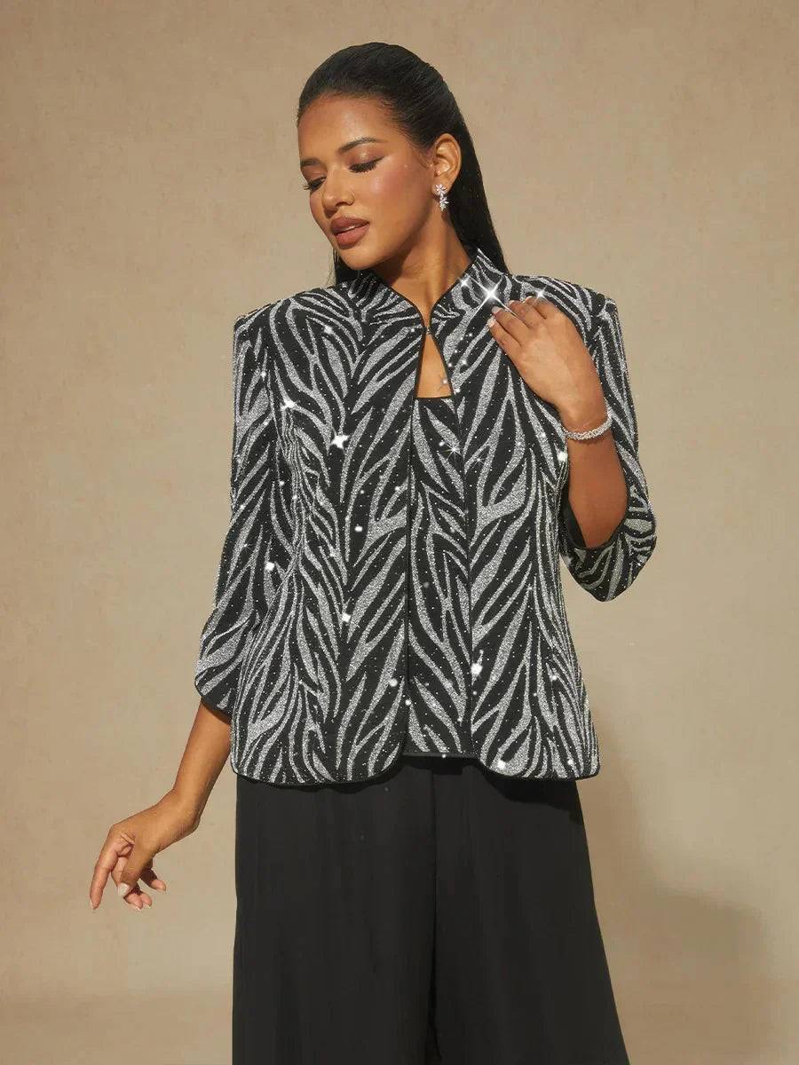Twinset con Collo alla Mandarina e Stampa Zebra Decorata con Strass