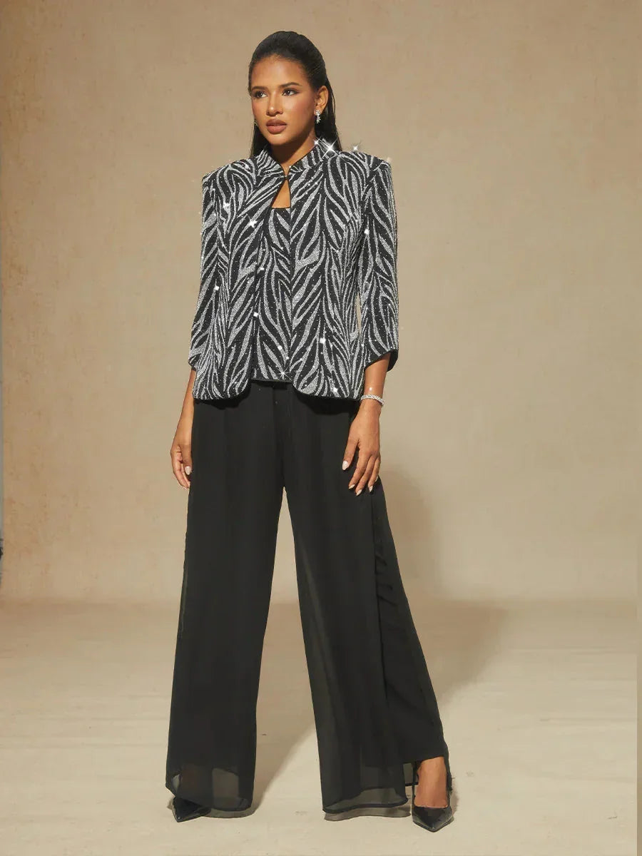 Twinset con Collo alla Mandarina e Stampa Zebra Decorata con Strass