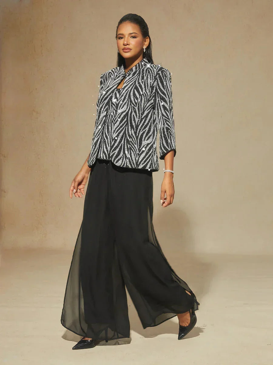 Twinset con Collo alla Mandarina e Stampa Zebra Decorata con Strass