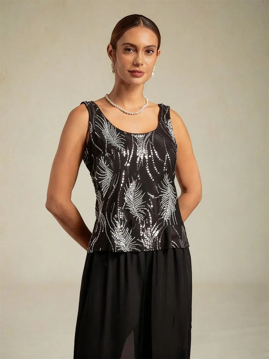 Elegante Twinset con Collo alla Mandarin in Paillettes