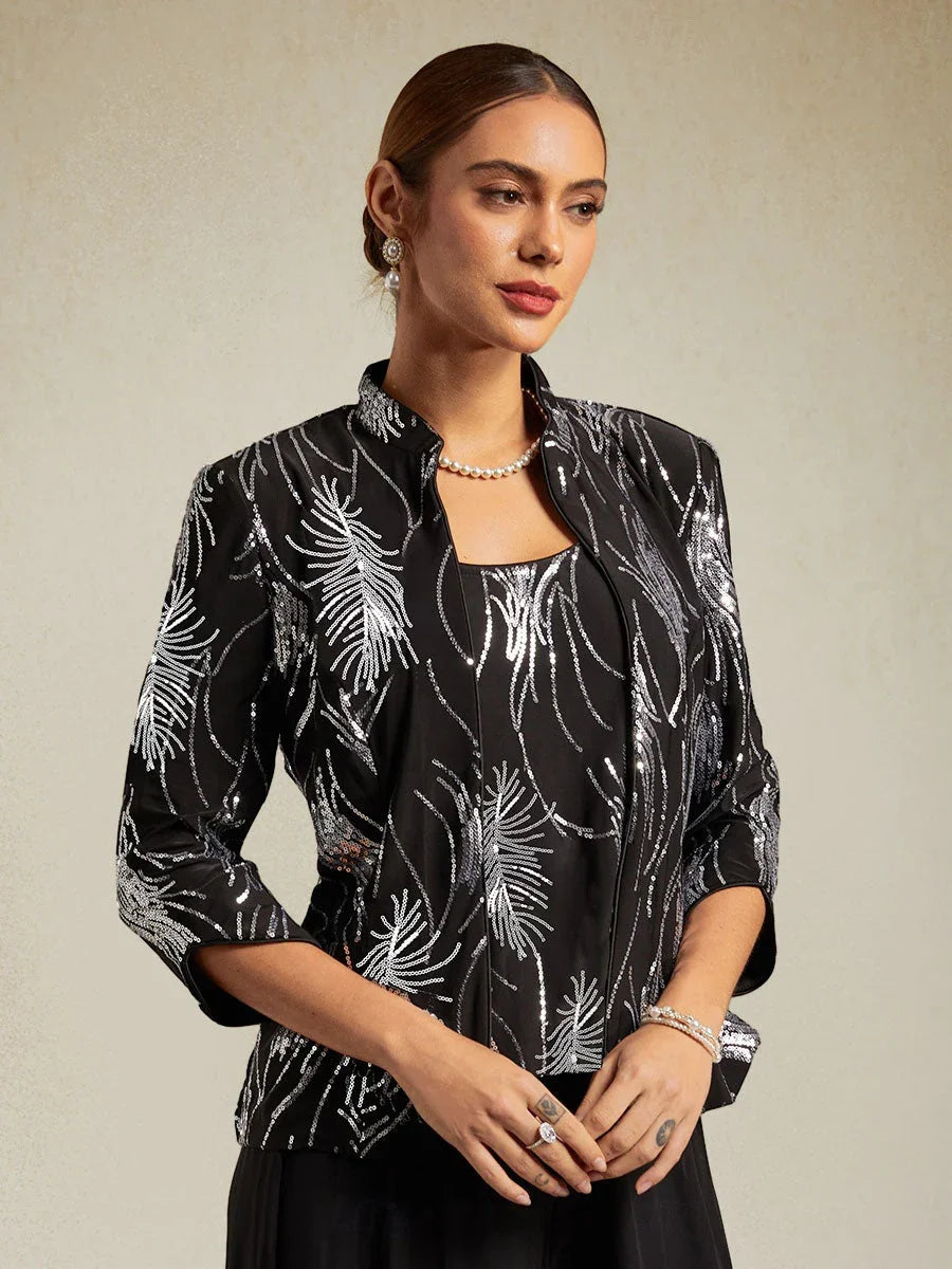 Elegante Twinset con Collo alla Mandarin in Paillettes