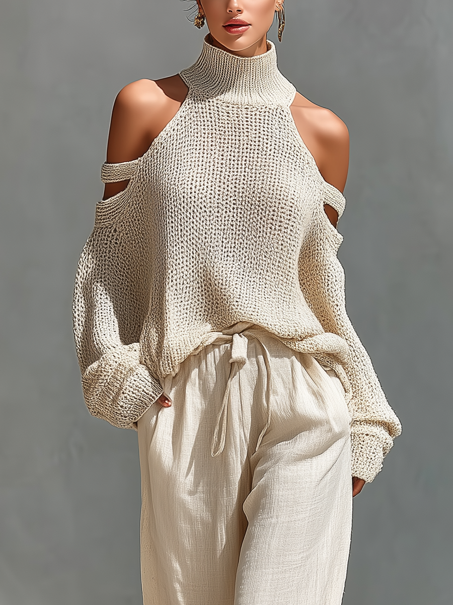 Set top con colletto alto e spalline fredde in cotone color beige e pantaloni larghi
