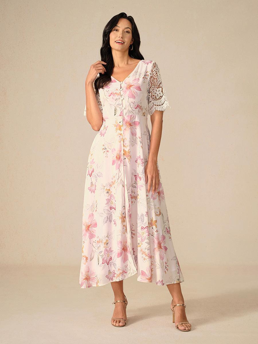 Abito A-Line in Chiffon Floreale con Maniche in Pizzo