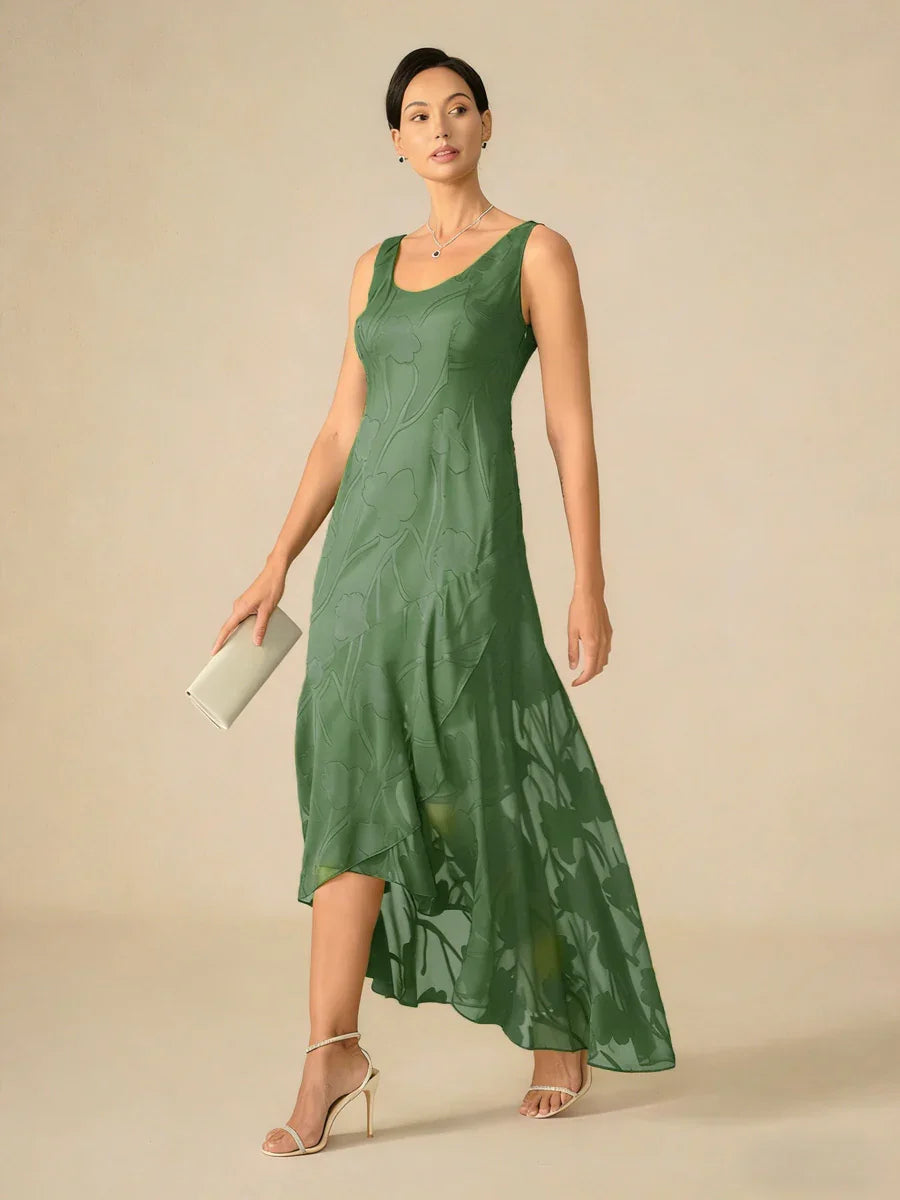 Abito da Sera Senza Maniche in Chiffon Floreale con Orlo Asimmetrico