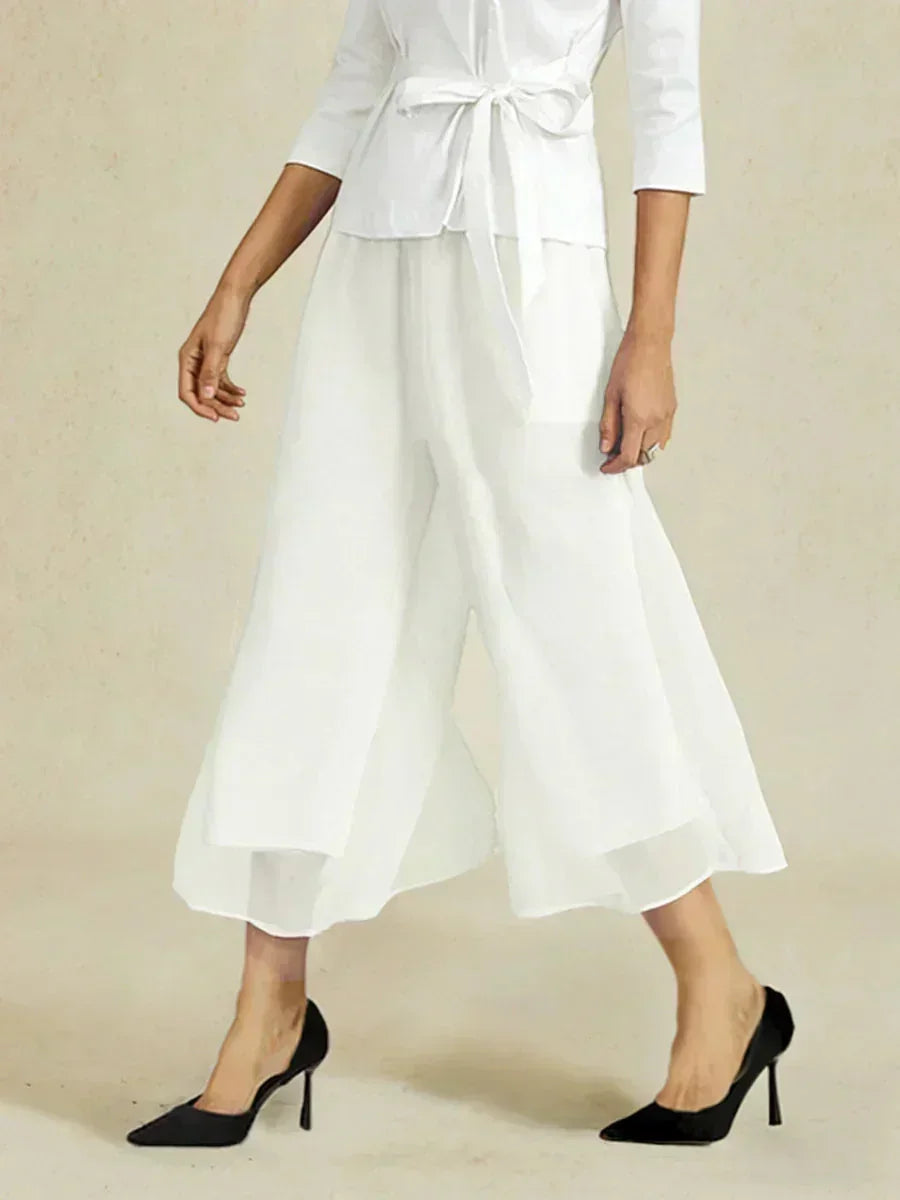 Pantaloni a gamba dritta cropped con sovrapposizione in chiffon