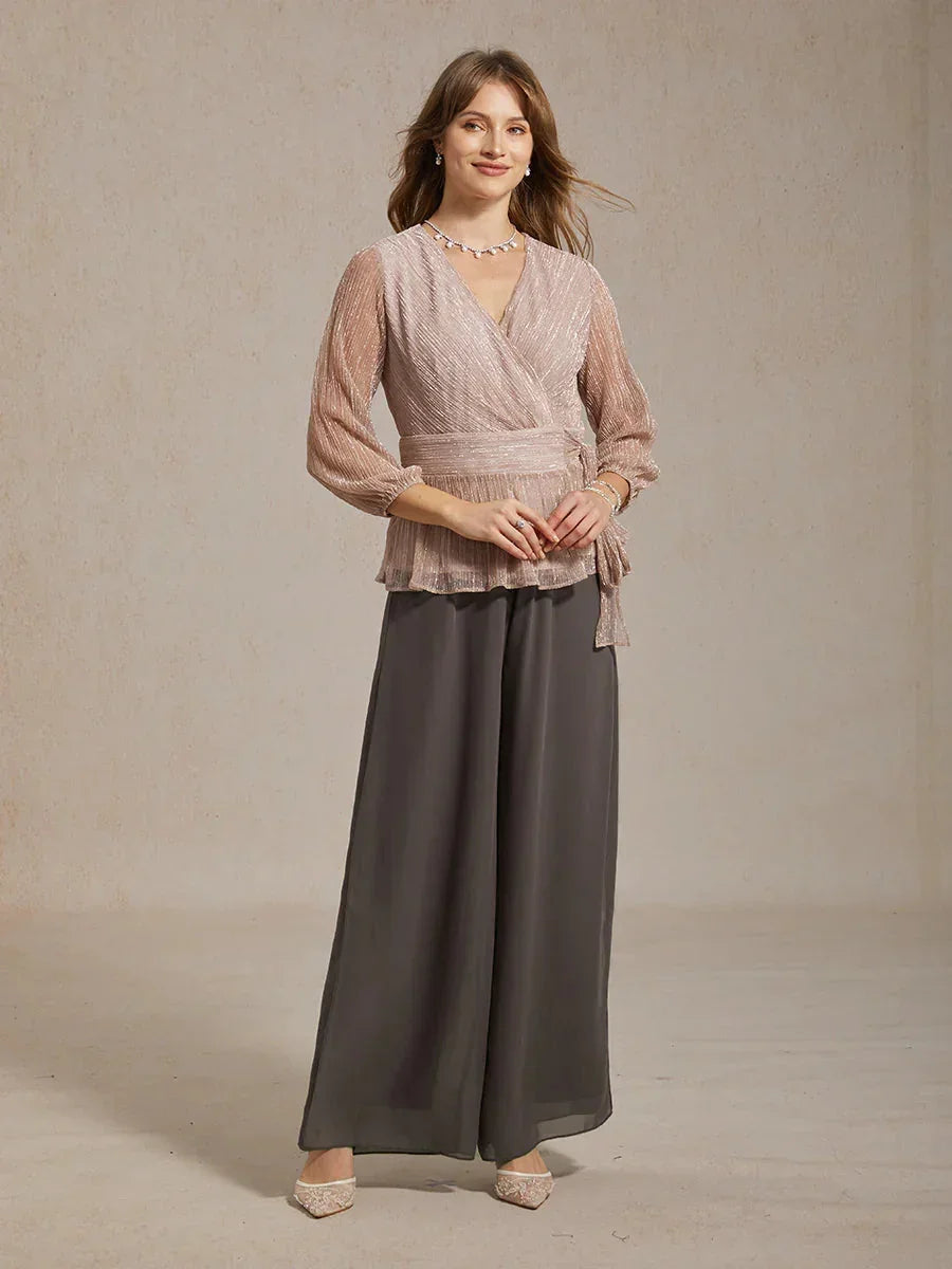Pantaloni a Gamba Dritta con Sovrapposizione in Chiffon