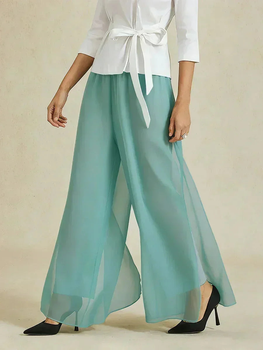 Pantaloni a Gamba Dritta con Sovrapposizione in Chiffon