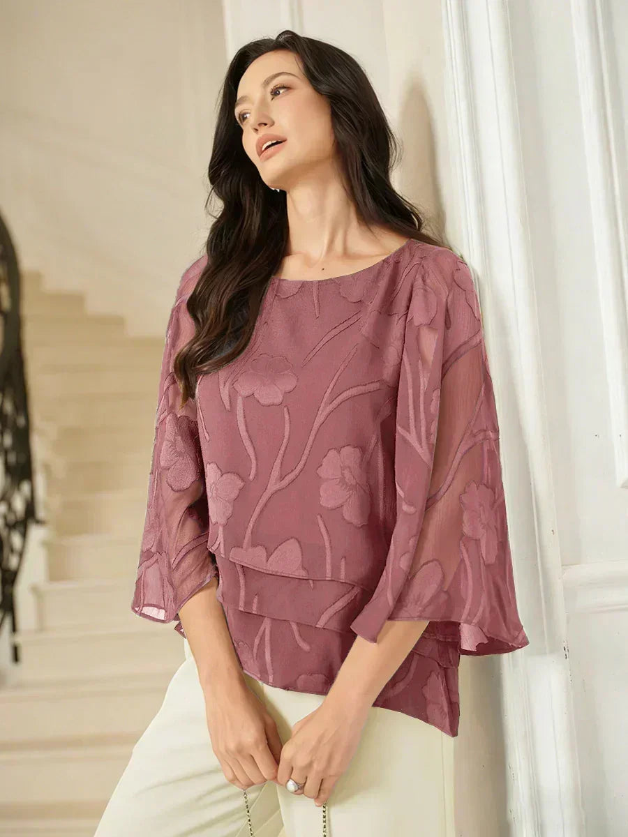 Blusa a Strati in Chiffon con Motivo Floreale