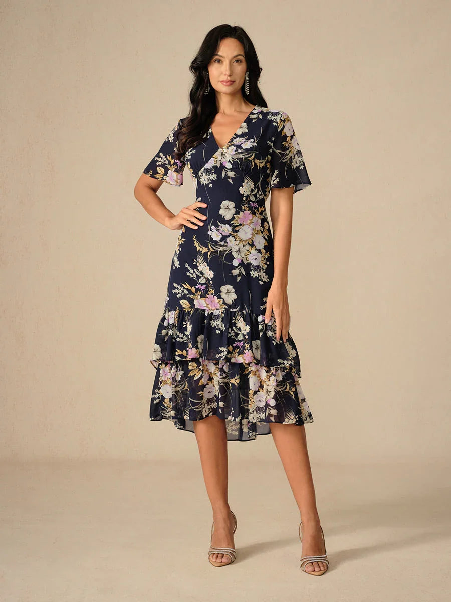Abito Midi in Chiffon Floreale con Scollatura a V e Rouches