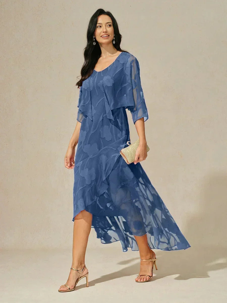 Abito da Sera Senza Maniche in Chiffon Floreale con Orlo Asimmetrico