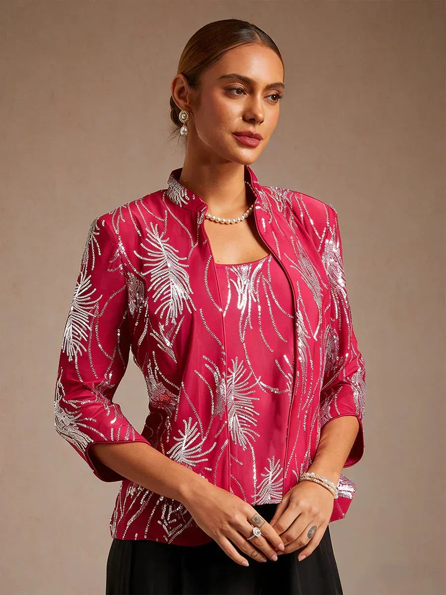 Elegante Twinset con Collo alla Mandarin in Paillettes