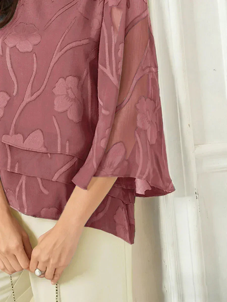 Blusa a Strati in Chiffon con Motivo Floreale