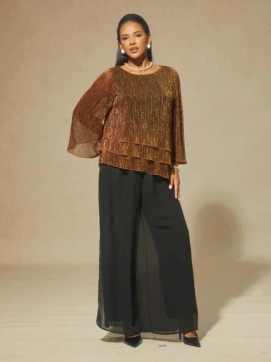 Blusa Asimmetrica a Strati in Chiffon Metallizzato Pieghettato