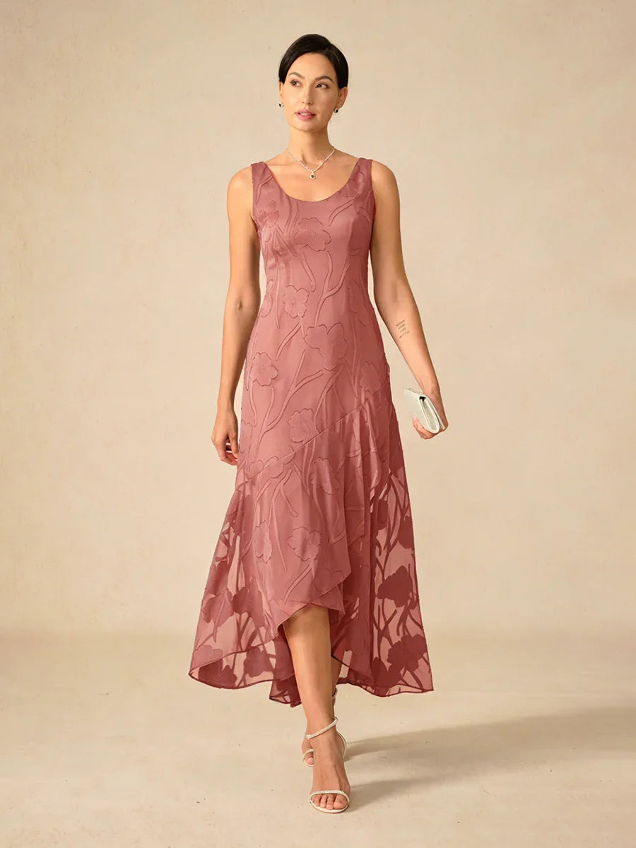 Abito da Sera Senza Maniche in Chiffon Floreale con Orlo Asimmetrico