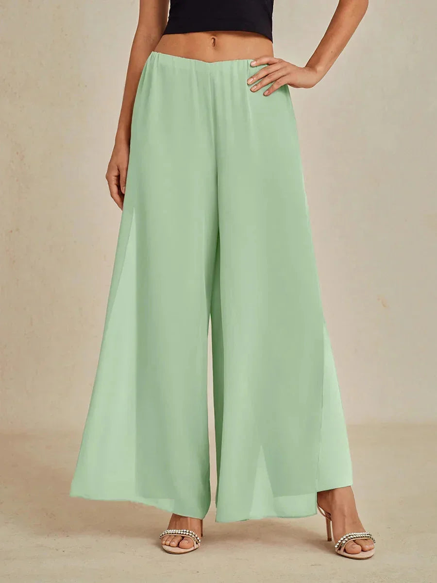 Pantaloni a Gamba Dritta con Sovrapposizione in Chiffon
