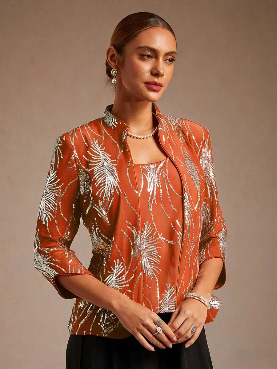 Elegante Twinset con Collo alla Mandarin in Paillettes