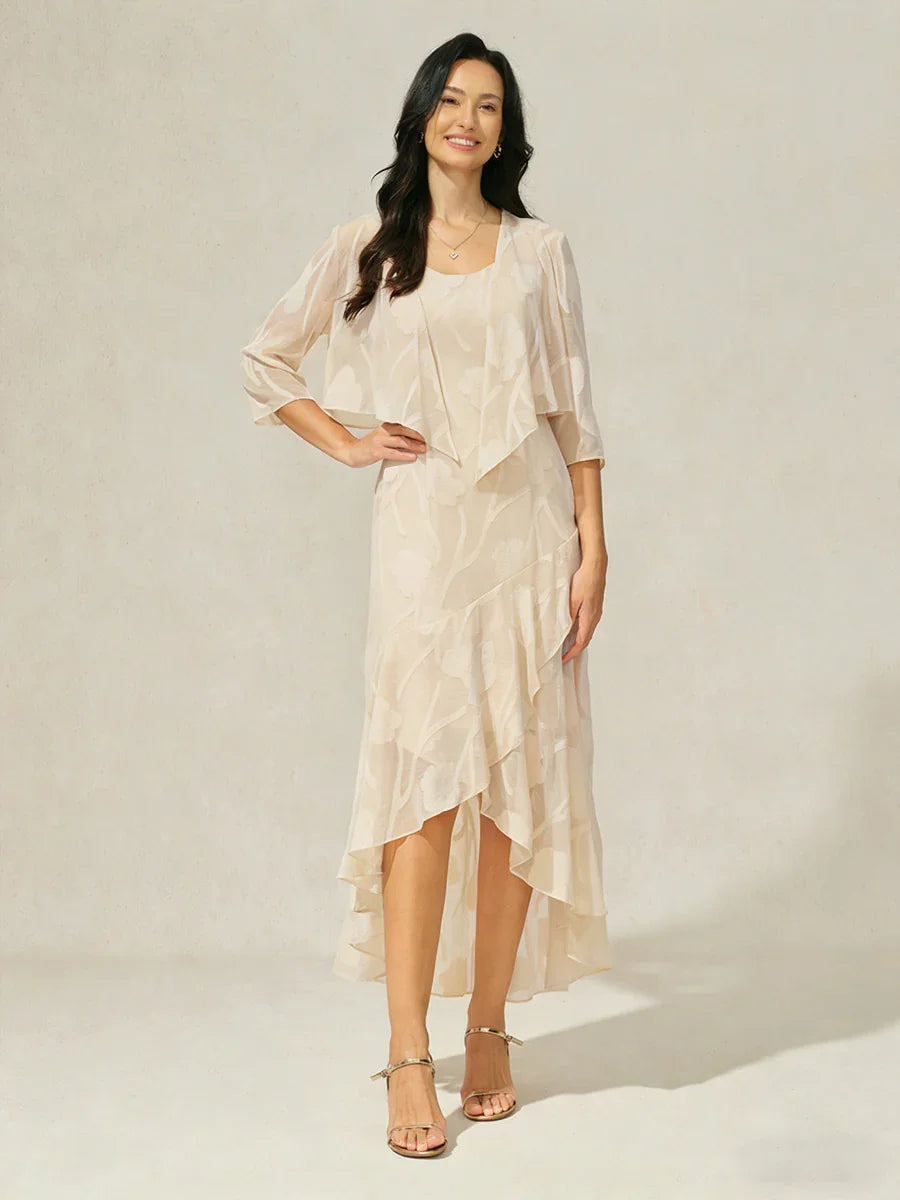 Abito da Sera Senza Maniche in Chiffon Floreale con Orlo Asimmetrico
