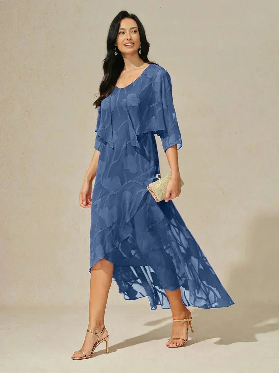Abito da Sera Senza Maniche in Chiffon Floreale con Orlo Asimmetrico