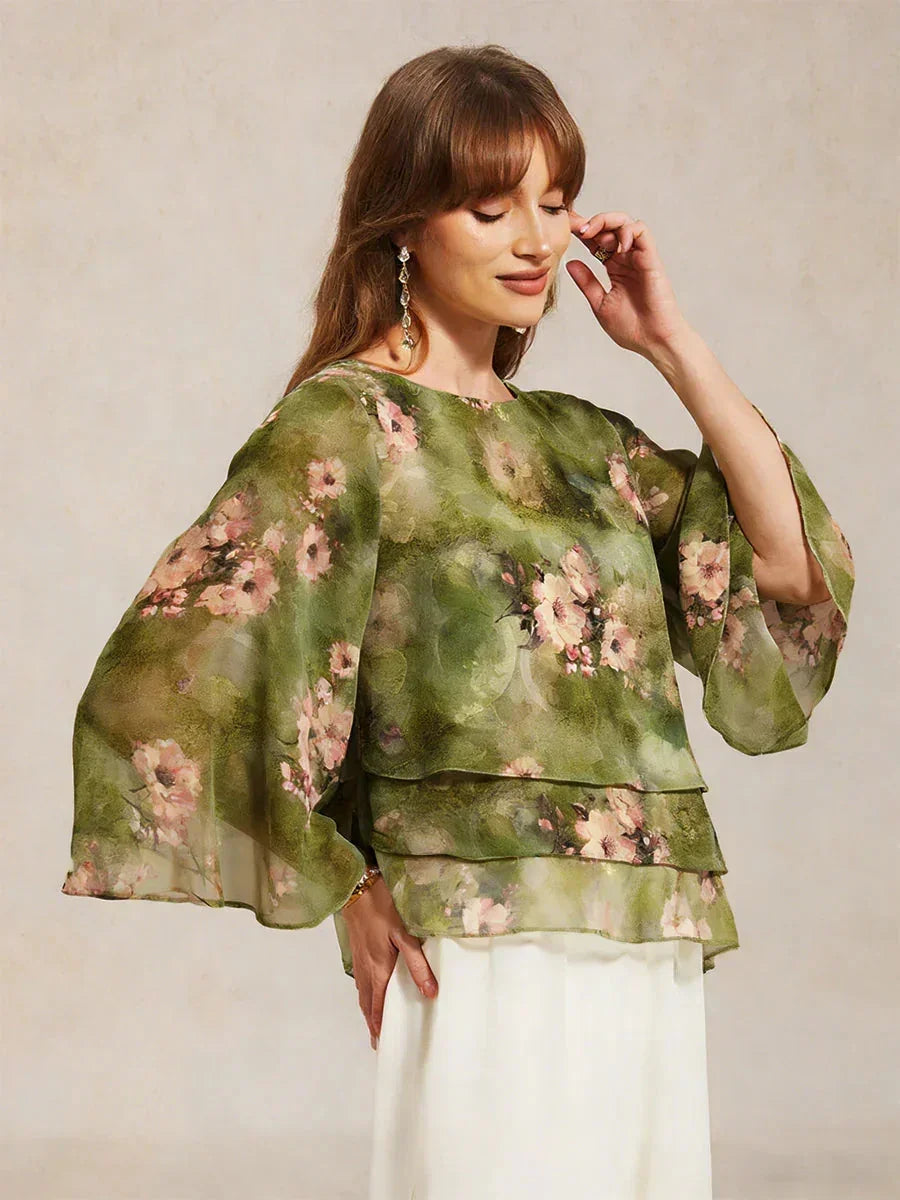 Blusa a strati in chiffon di pizzo con stampa floreale
