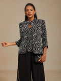 Twinset con Collo alla Mandarina e Stampa Zebra Decorata con Strass