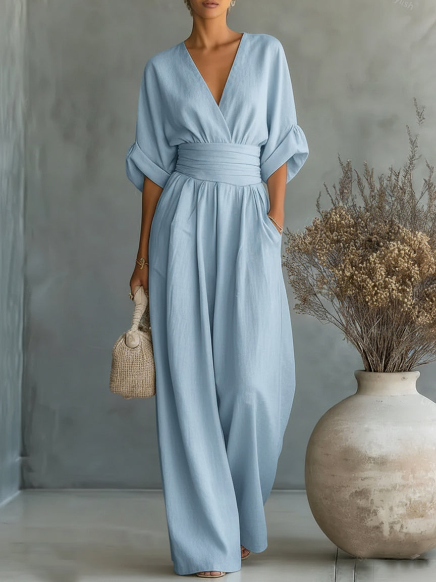 ESSENZIALE - Elegante Tuta Estiva con V-Neck e Vita Alta