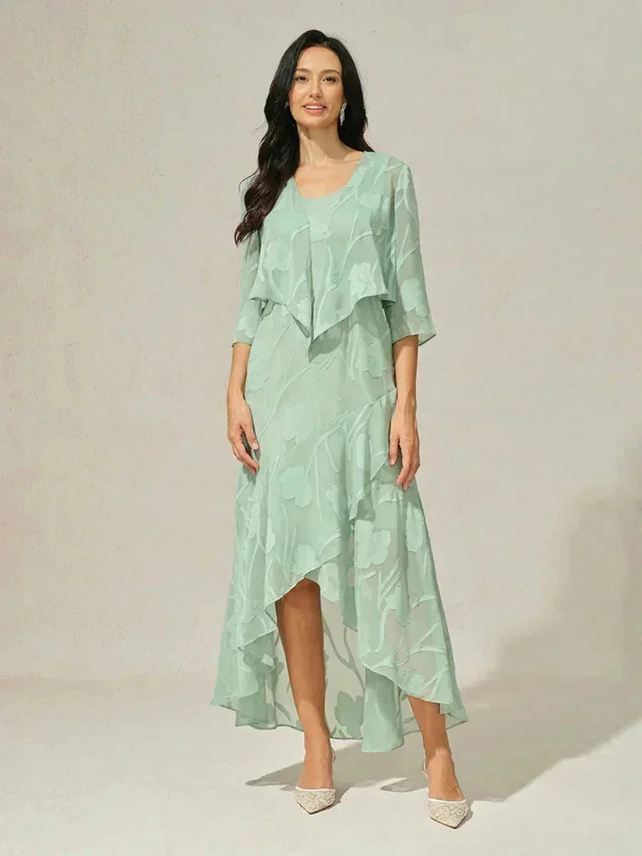 Abito da Sera Senza Maniche in Chiffon Floreale con Orlo Asimmetrico