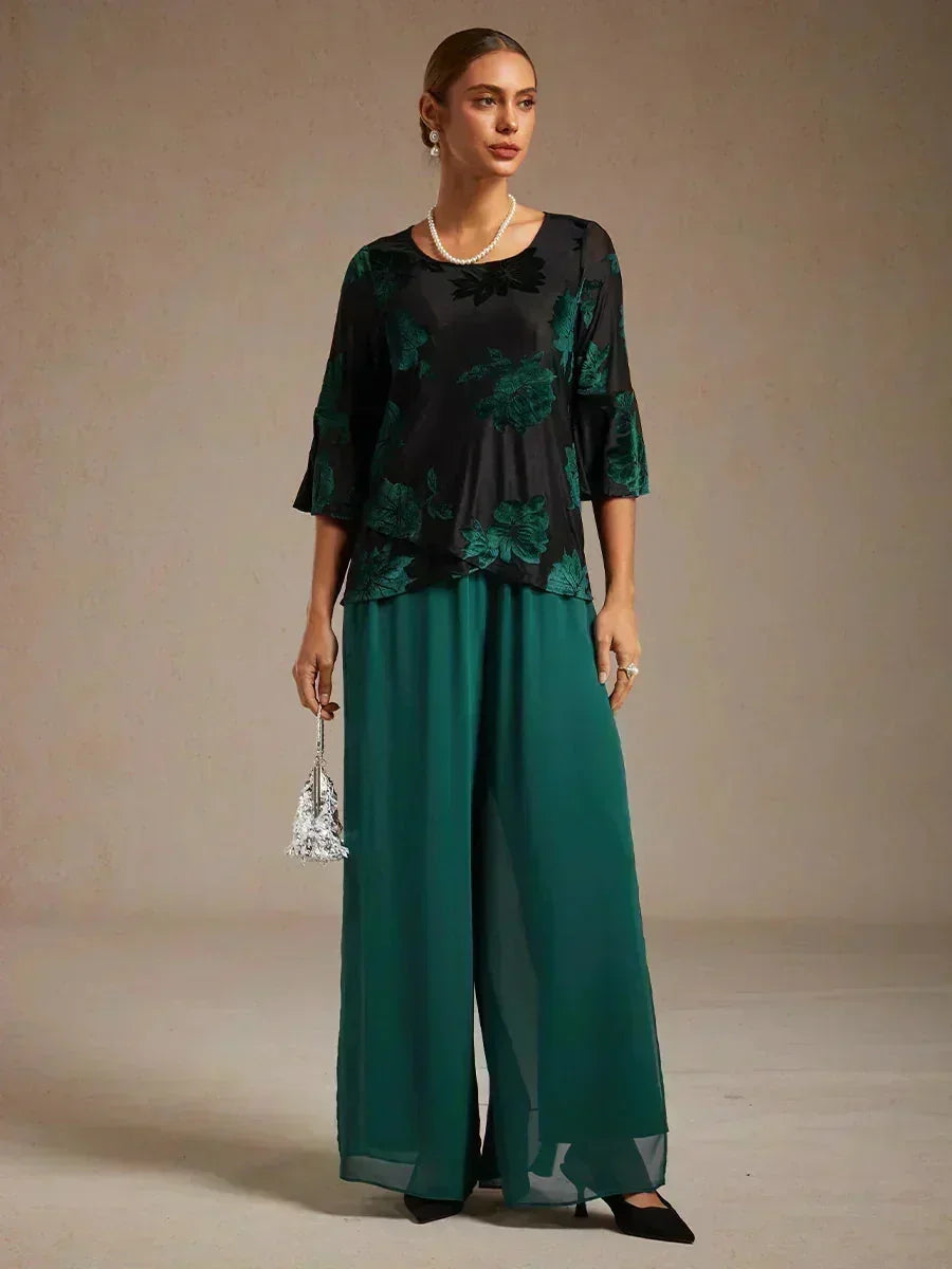 Pantaloni a Gamba Dritta con Sovrapposizione in Chiffon