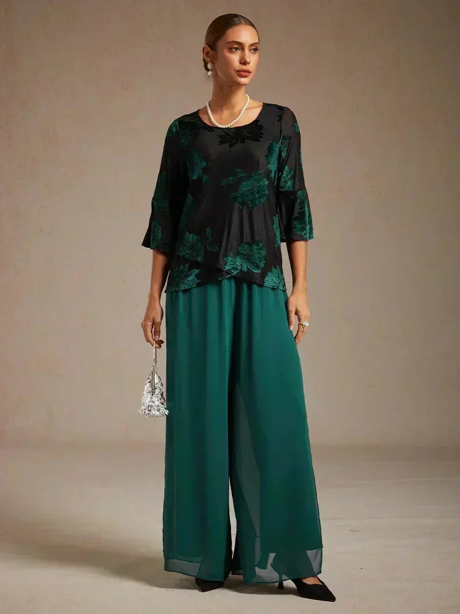 Pantaloni a Gamba Dritta con Sovrapposizione in Chiffon