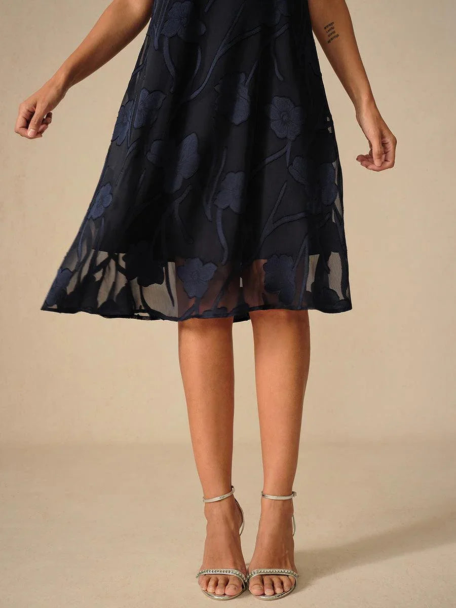 Abito A Linea in Chiffon Trasparente a Fiori, Lunghezza Ginocchio