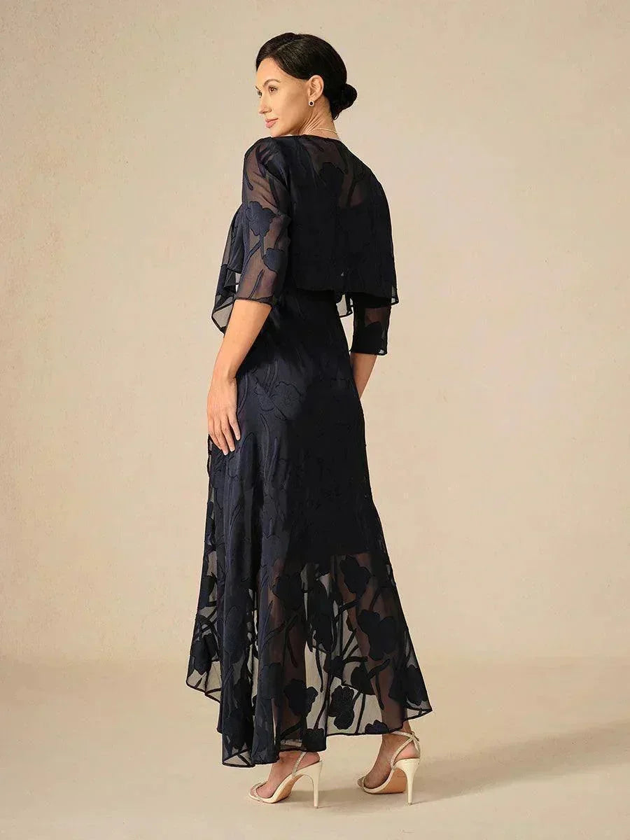 Abito da Sera Senza Maniche in Chiffon Floreale con Orlo Asimmetrico