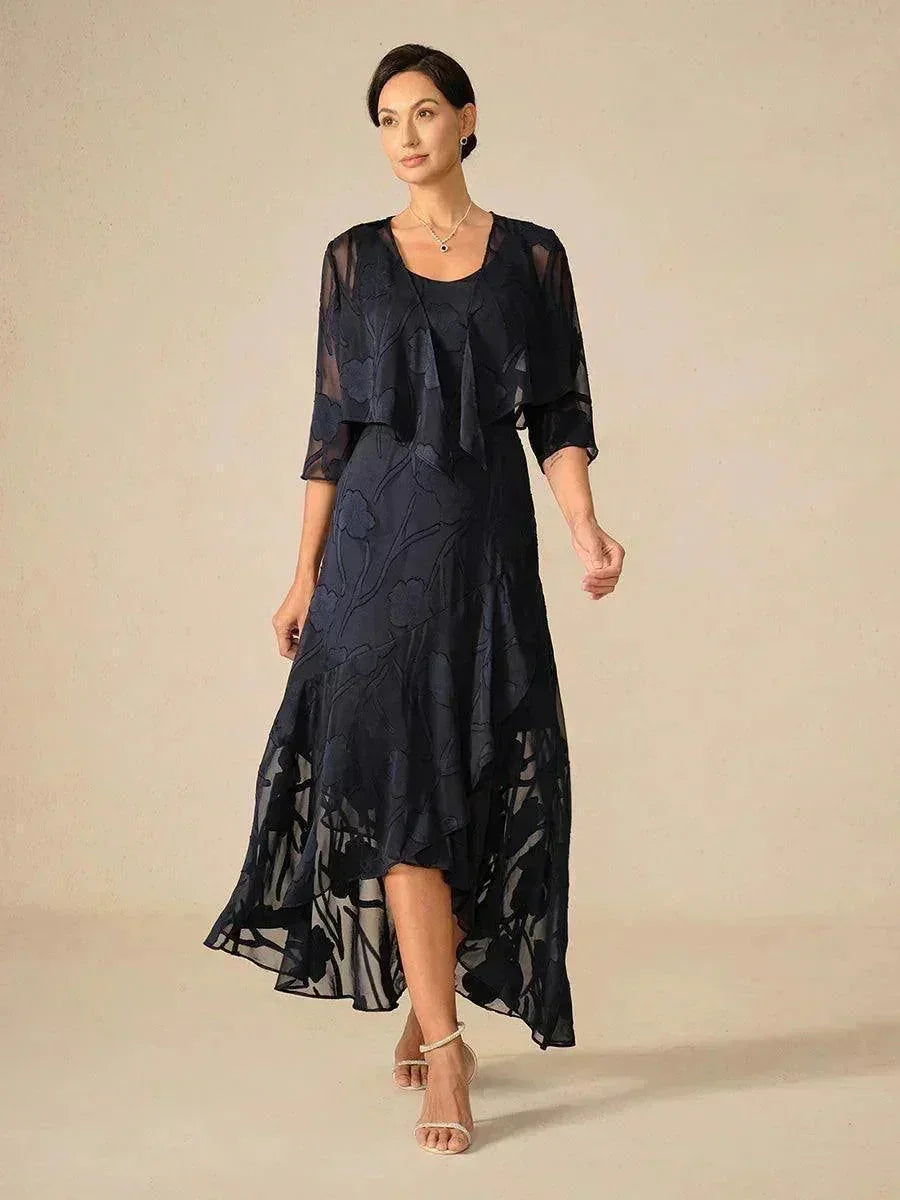 Abito da Sera Senza Maniche in Chiffon Floreale con Orlo Asimmetrico