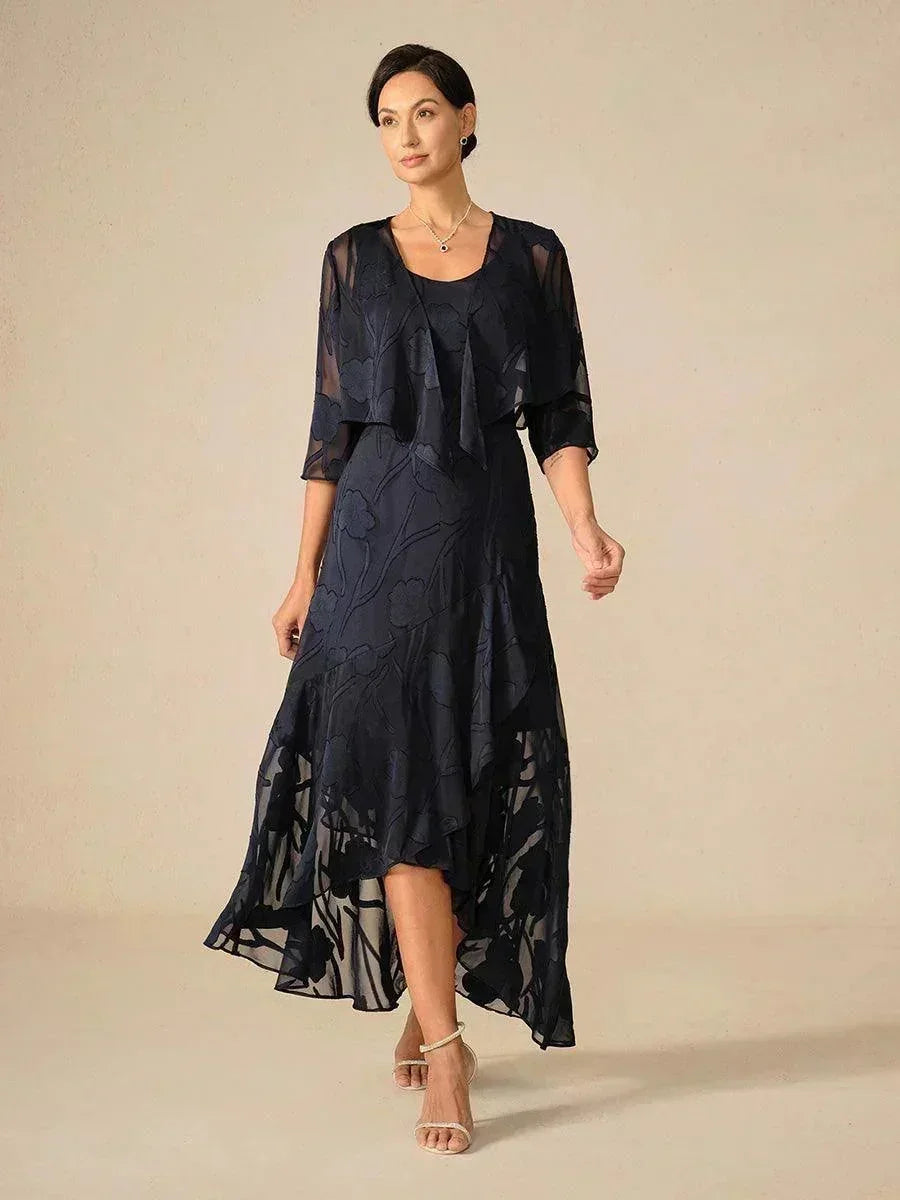Abito da Sera Senza Maniche in Chiffon Floreale con Orlo Asimmetrico