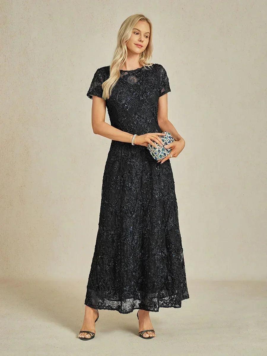 Abito A-Line in Pizzo Rosette con Decorazioni in Paillettes