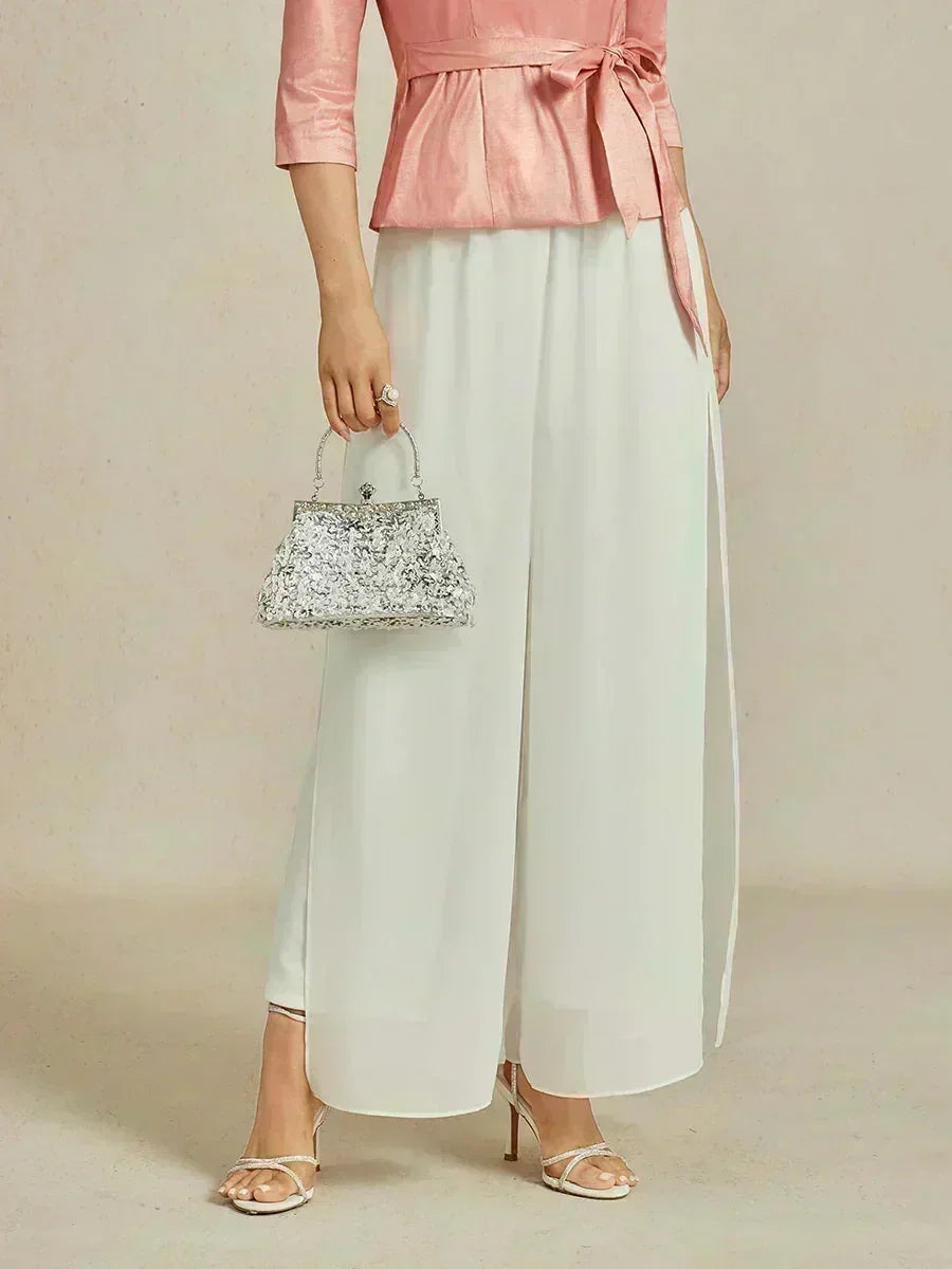 Pantaloni a Gamba Dritta con Sovrapposizione di Chiffon a Spacco