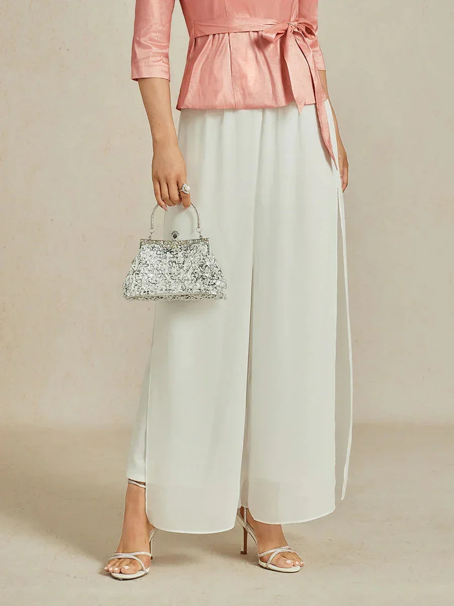 Pantaloni a Gamba Dritta con Sovrapposizione in Chiffon