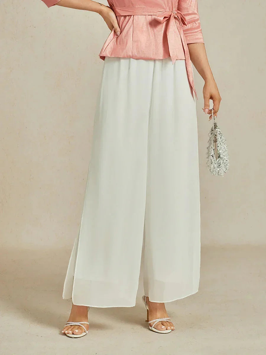 Pantaloni a Gamba Dritta con Sovrapposizione in Chiffon