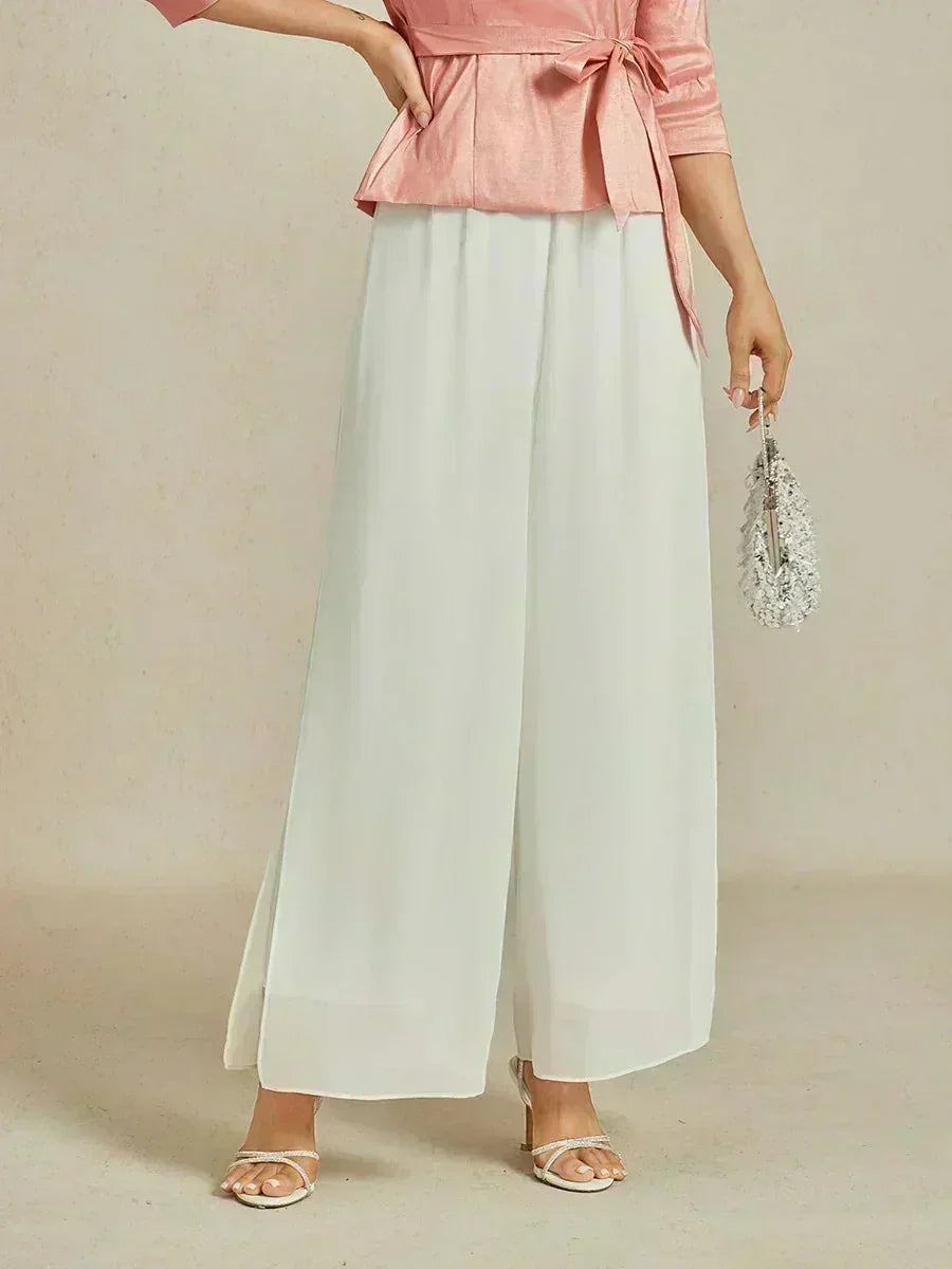 Pantaloni a Gamba Dritta con Sovrapposizione in Chiffon a Spacco
