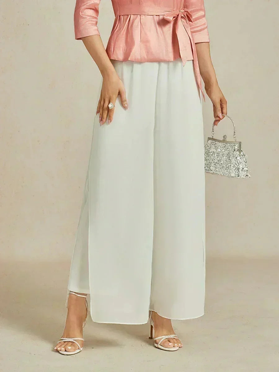 Pantaloni a Gamba Dritta con Sovrapposizione in Chiffon