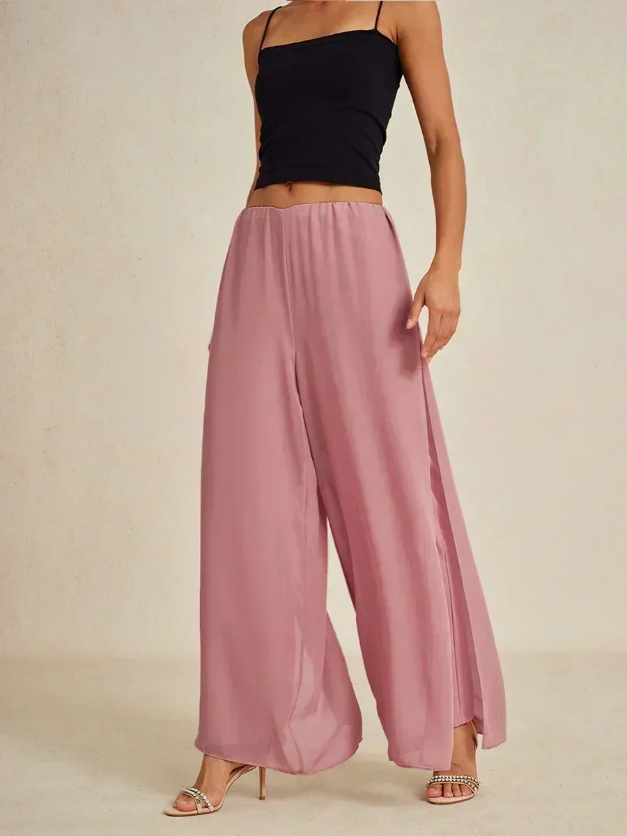 Pantaloni a Gamba Dritta con Sovrapposizione di Chiffon a Spacco