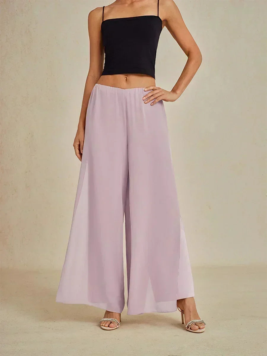 Pantaloni a Gamba Dritta con Sovrapposizione in Chiffon