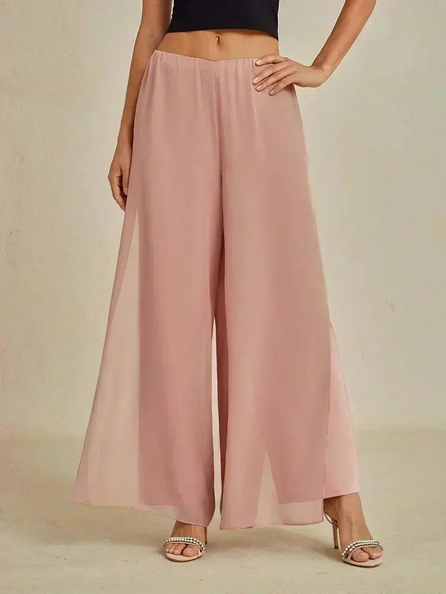 Pantaloni a Gamba Dritta con Sovrapposizione in Chiffon a Spacco